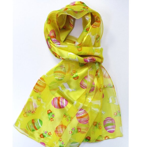 Womens Long Silk Feel Scarf Yellow Easter Bunny Egg Tulips Happy Easter NEW - Picture 1 of 3